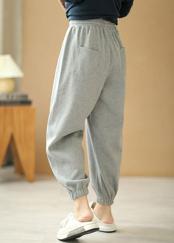 Women Grey Tie Waist Pockets Harem Fall Pants Cotton