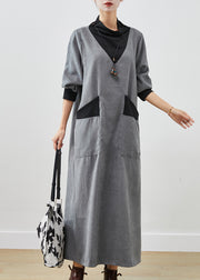 Women Grey Turtle Neck Patchwork Cotton Long Dress Fall