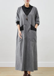 Women Grey Turtle Neck Patchwork Cotton Long Dress Fall