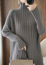 Women Grey Turtleneck Striped Knitting Sweaters Long Sleeve