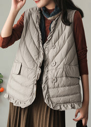 Women Grey V Neck Pockets Duck Down Waistcoat Winter