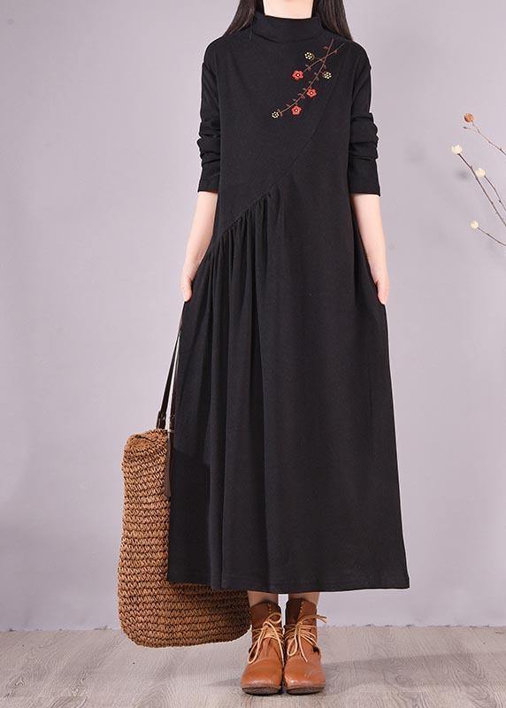 Women High Neck Cinched Spring Clothes Tutorials Black Embroidery Long Dresses - bagstylebliss