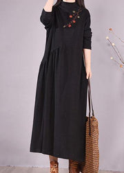 Women High Neck Cinched Spring Clothes Tutorials Black Embroidery Long Dresses - bagstylebliss