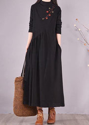Women High Neck Cinched Spring Clothes Tutorials Black Embroidery Long Dresses - bagstylebliss