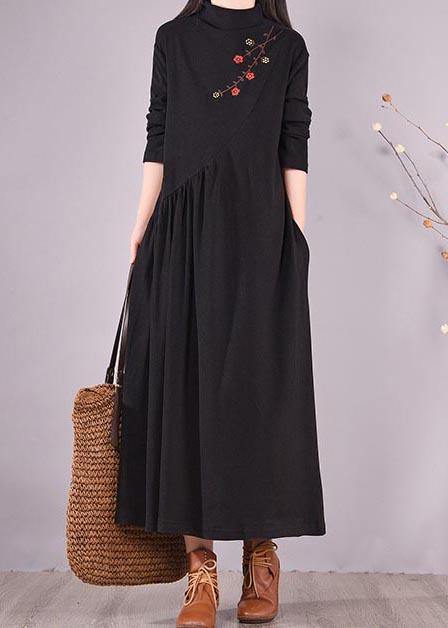 Women High Neck Cinched Spring Clothes Tutorials Black Embroidery Long Dresses - bagstylebliss