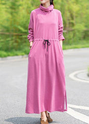 Women High Neck Drawstring Spring Tunics Design Pink Robe Dress - bagstylebliss