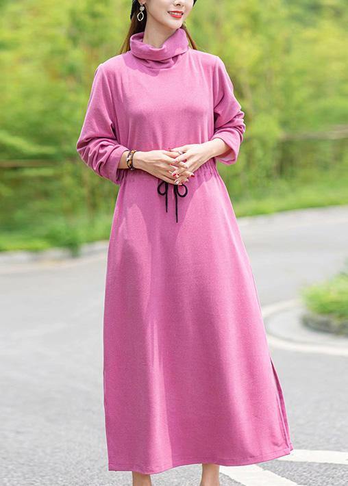 Women High Neck Drawstring Spring Tunics Design Pink Robe Dress - bagstylebliss