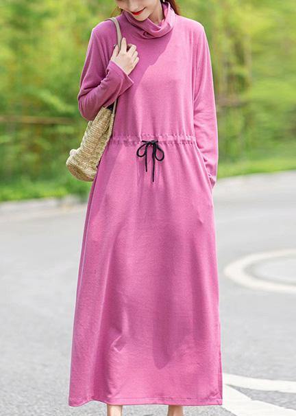 Women High Neck Drawstring Spring Tunics Design Pink Robe Dress - bagstylebliss