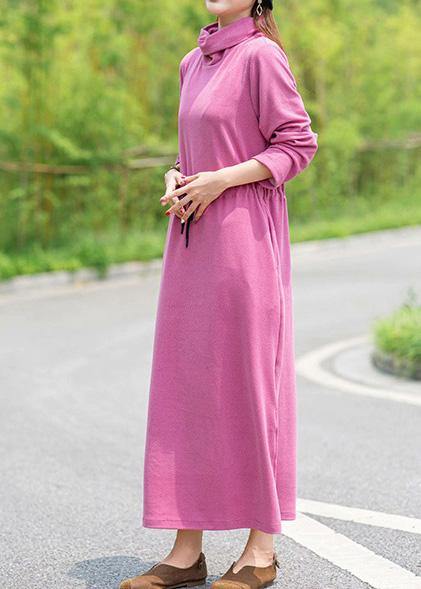 Women High Neck Drawstring Spring Tunics Design Pink Robe Dress - bagstylebliss