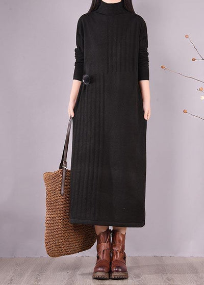 Women High Neck Spring Wardrobes Sleeve Black Robe Dress - bagstylebliss
