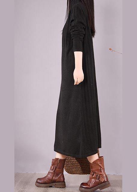 Women High Neck Spring Wardrobes Sleeve Black Robe Dress - bagstylebliss