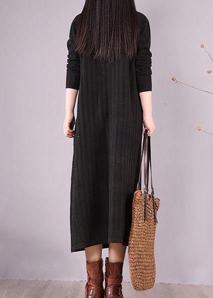 Women High Neck Spring Wardrobes Sleeve Black Robe Dress - bagstylebliss