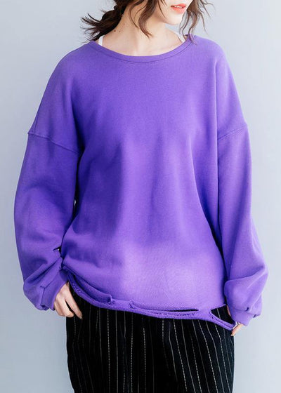 Women Hole hem cotton o neck clothes Neckline purple shirt - bagstylebliss
