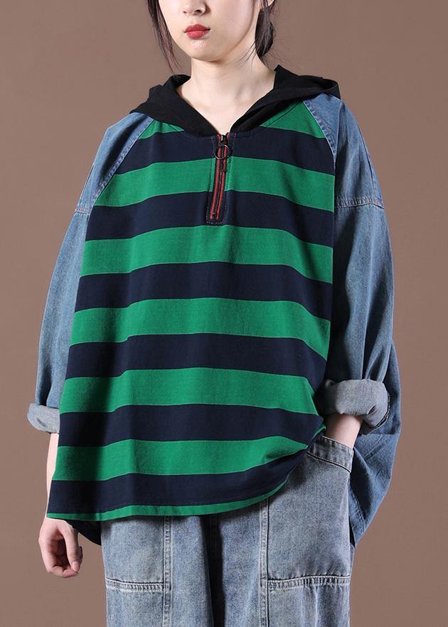 Women Hooded Sring Shirts Green Striped Tops - bagstylebliss