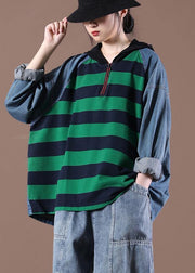 Women Hooded Sring Shirts Green Striped Tops - bagstylebliss