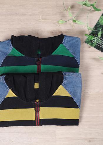 Women Hooded Sring Shirts Green Striped Tops - bagstylebliss