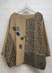 Women Khaki Asymmetrical Print Patchwork Cotton Top Fall