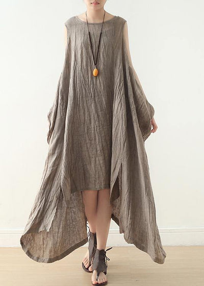Women Khaki Asymmetrical Summer Sleeveless Linen Dress - bagstylebliss