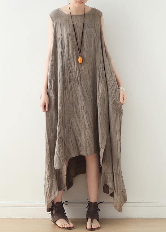 Women Khaki Asymmetrical Summer Sleeveless Linen Dress - bagstylebliss