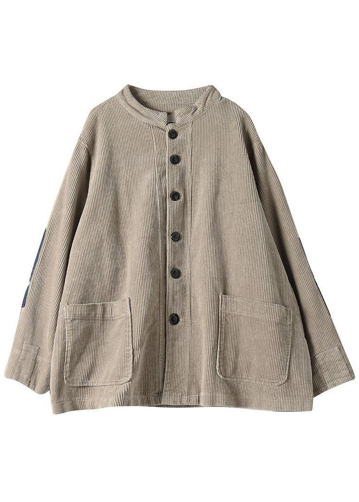 Women Khaki Button Patchwork Pockets Fall Long sleeve Top - bagstylebliss