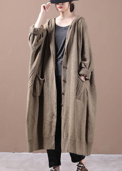 Women Khaki Button Pockets Fall Long Cardigans Coat - bagstylebliss