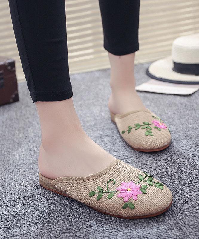 Women Khaki Embroideried Linen Fabric Slippers Shoes - bagstylebliss