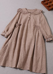 Women Khaki Embroideried Ruffled Cotton Vacation Dresses Long Sleeve