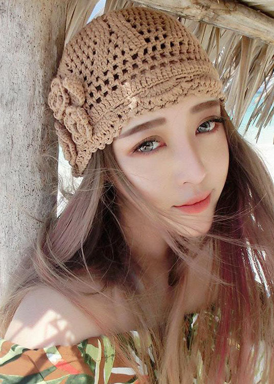 Women Khaki Hollow Out Floral Knitting Cotton Bonnie Hat