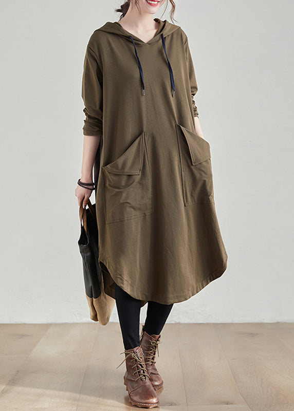 Women Khaki Hooded Pockets Patchwork Cotton Dress Fall