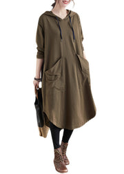 Women Khaki Hooded Pockets Patchwork Cotton Dress Fall