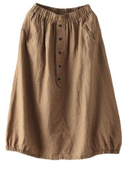 Women Khaki Linen Elastic Waist Button Skirt - bagstylebliss