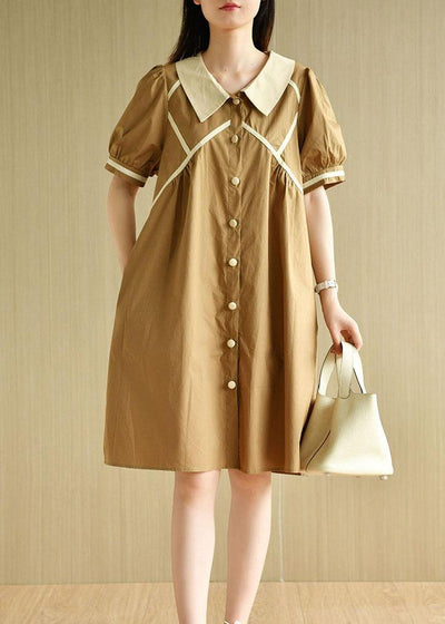 Women Khaki Loose Puff Sleeve A Line Summer Cotton Dress - bagstylebliss