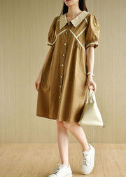 Women Khaki Loose Puff Sleeve A Line Summer Cotton Dress - bagstylebliss