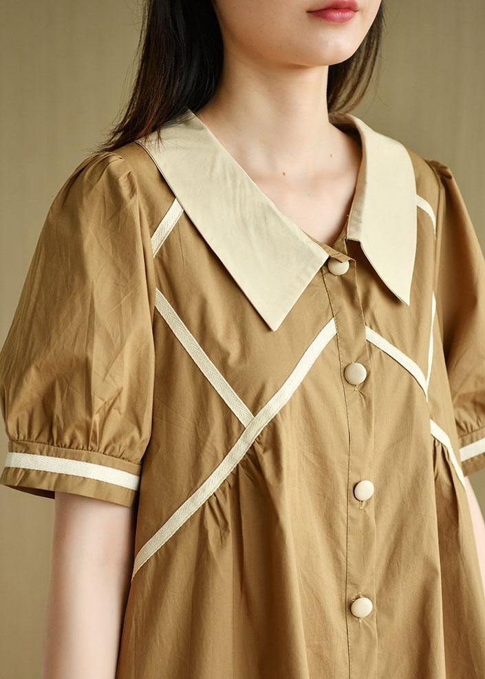 Women Khaki Loose Puff Sleeve A Line Summer Cotton Dress - bagstylebliss