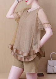 Women Khaki O Neck Ruffled Patchwork Tulle Two Pieces Set Summer