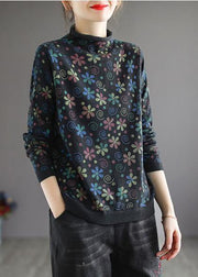 Women Khaki Print Sweater Tops High Neck Plus Size Spring Knitwear - bagstylebliss