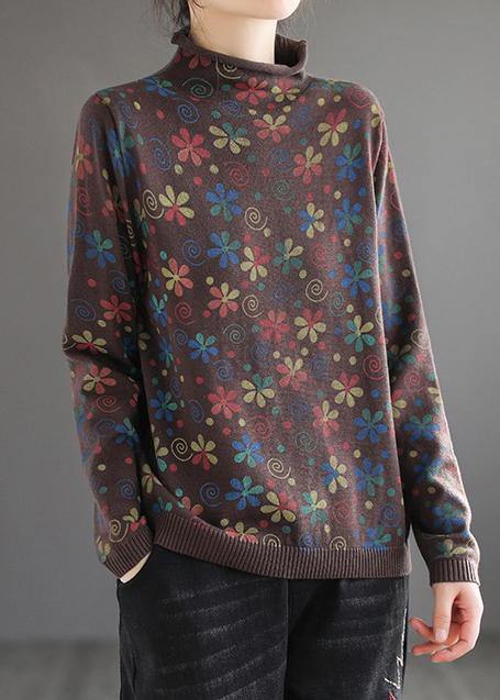 Women Khaki Print Sweater Tops High Neck Plus Size Spring Knitwear - bagstylebliss