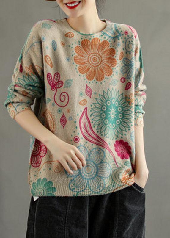 Women Khaki Retro Print Floral Knitted Sweaters Top - bagstylebliss