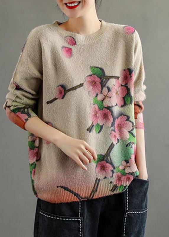 Women Khaki Retro Print Floral Knitted Sweaters Top - bagstylebliss