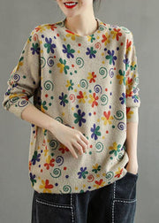 Women Khaki Retro Print Floral Knitted Sweaters Top - bagstylebliss