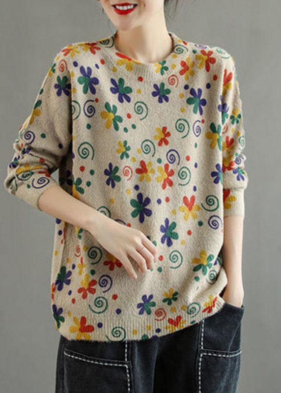 Women Khaki Retro Print Floral Knitted Sweaters Top - bagstylebliss