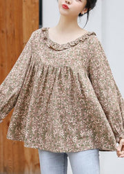 Women Khaki Ruffled Print Cotton Shirt Tops Long Sleeve