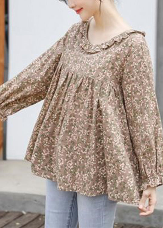 Women Khaki Ruffled Print Cotton Shirt Tops Long Sleeve