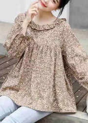 Women Khaki Ruffled Print Cotton Shirt Tops Long Sleeve