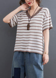 Women Khaki Striped side open Cotton Linen Summer Tops - bagstylebliss