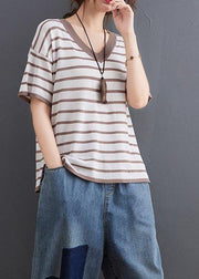 Women Khaki Striped side open Cotton Linen Summer Tops - bagstylebliss