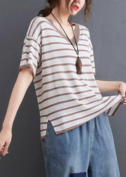 Women Khaki Striped side open Cotton Linen Summer Tops - bagstylebliss