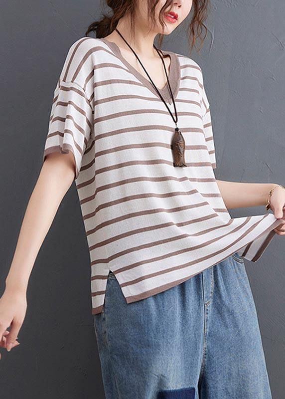 Women Khaki Striped side open Cotton Linen Summer Tops - bagstylebliss