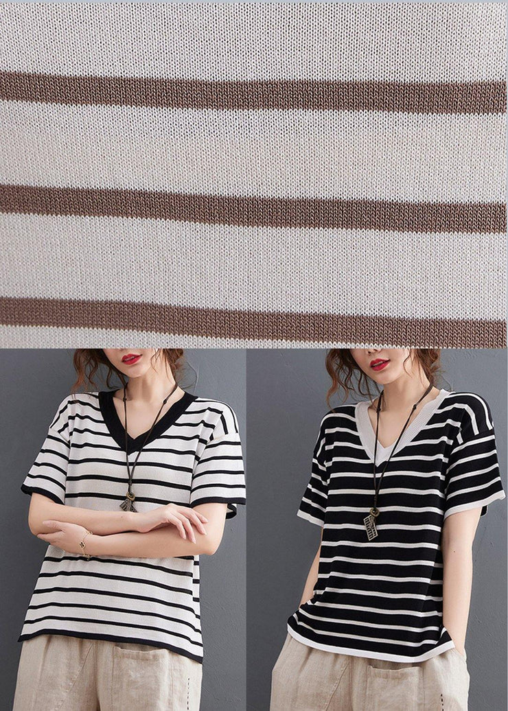 Women Khaki Striped side open Cotton Linen Summer Tops - bagstylebliss