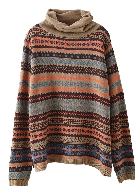 Women Khaki Turtle Neck Print Knit Sweaters Winter